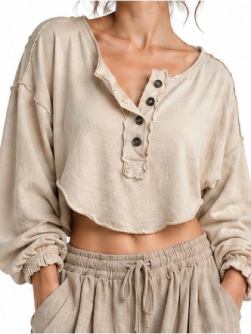 We The Free Free People Medium Oatmeal Raw Seam Henley Top Boho Slouchy